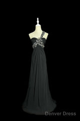 Modest A Line One Shoulder Gray Chiffon Long Prom Dress Party Dress