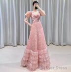 Modest A Line Pink Short Sleeves Sequin Ruffles Long Prom Dresses Pp1007