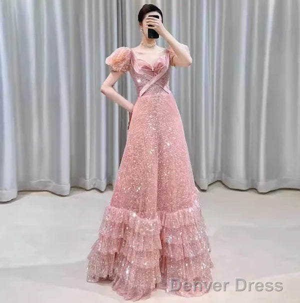 Modest A Line Pink Short Sleeves Sequin Ruffles Long Prom Dresses Pp1007