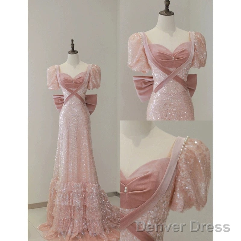 Modest A Line Pink Short Sleeves Sequin Ruffles Long Prom Dresses Pp1007