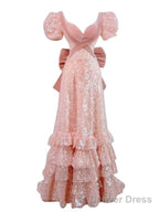 Modest A Line Pink Short Sleeves Sequin Ruffles Long Prom Dresses Pp1007