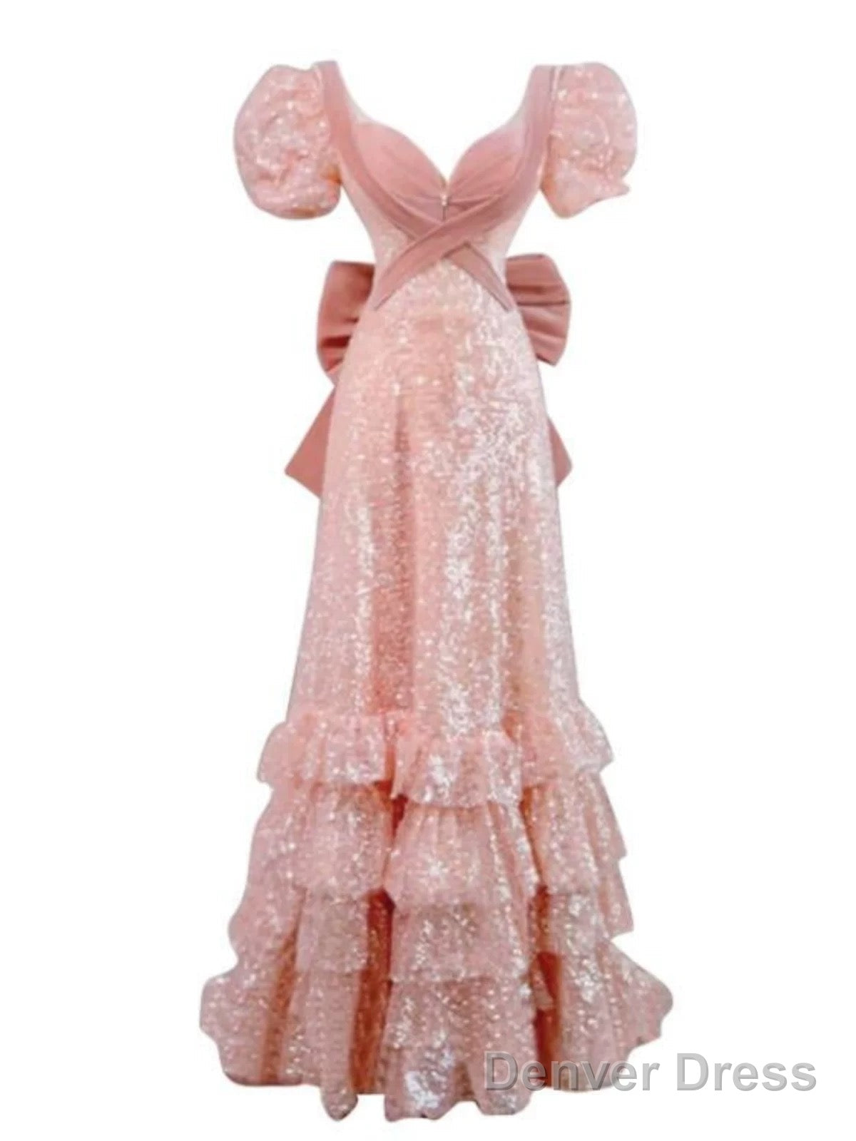 Modest A Line Pink Short Sleeves Sequin Ruffles Long Prom Dresses Pp1007