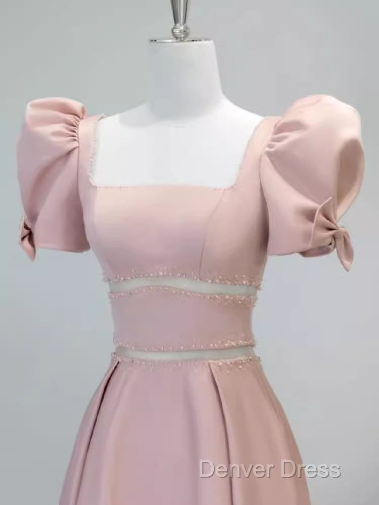 Modest A Line Short Sleeves Long Pink Prom Dresses Secondary image