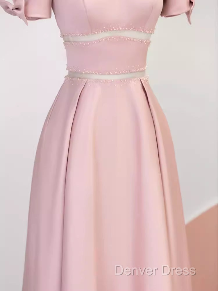 Modest A Line Short Sleeves Long Pink Prom Dresses