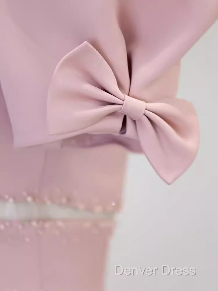 Modest A Line Short Sleeves Long Pink Prom Dresses