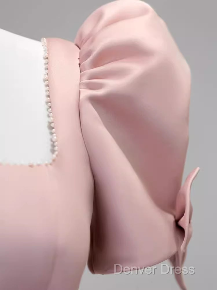 Modest A Line Short Sleeves Long Pink Prom Dresses