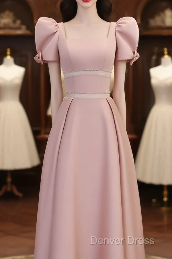 Modest A Line Short Sleeves Long Pink Prom Dresses Main image