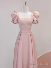 Modest A Line Short Sleeves Long Pink Prom Dress