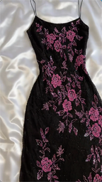 Modest A Line Spaghetti Straps Black Sequin Prom Dress With Flower Beads