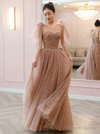 Modest A Line Spaghetti Straps Tulle Pink Prom Dress
