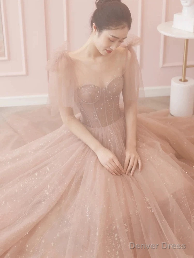Modest A Line Spaghetti Straps Tulle Pink Prom Dress