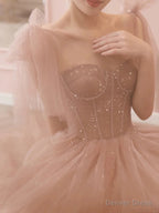 Modest A Line Spaghetti Straps Tulle Pink Prom Dress