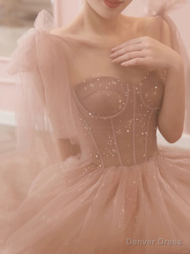 Modest A Line Spaghetti Straps Tulle Pink Prom Dress