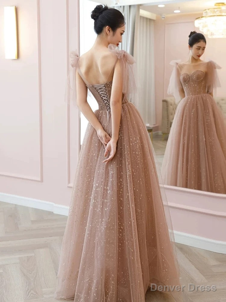 Modest A Line Spaghetti Straps Tulle Pink Evening Dress Prom Dresses Main image