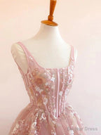 Modest A Line Square Neckline Sleeveless Pink Floral Lace Floor Length Prom Dresses