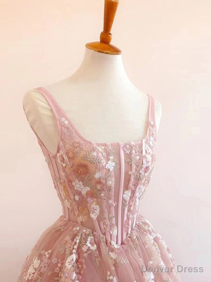 Modest A Line Square Neckline Sleeveless Pink Floral Lace Floor Length Prom Dresses