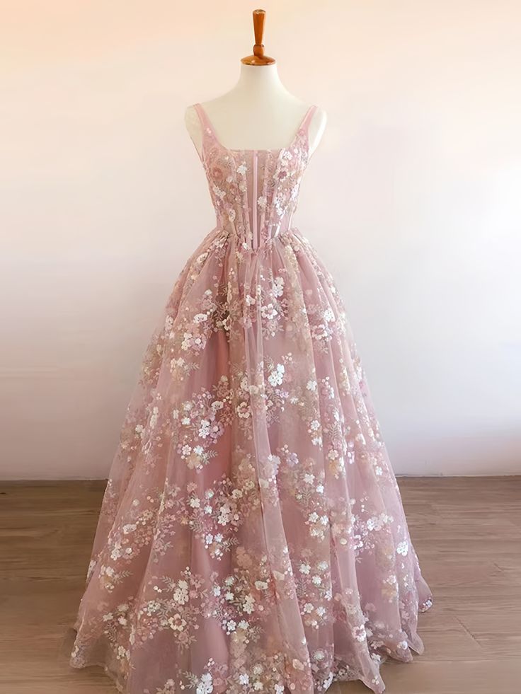 Modest A Line Square Neckline Sleeveless Pink Floral Lace Floor Length Prom Dresses