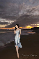 Modest A Line Strapless Light Sky Blue Backless Prom Dress