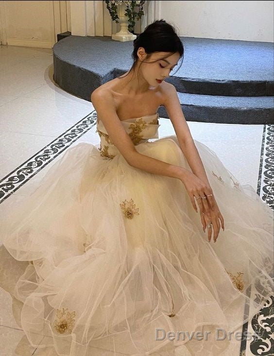Modest A Line Strapless Long Champagne Tulle Prom Dresses
