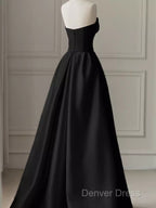 Modest A Line Strapless Long Satin Black Prom Dresses