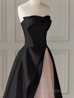 Modest A Line Strapless Long Satin Black Prom Dresses