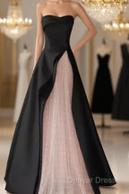 Modest A Line Strapless Long Satin Black Prom Dresses