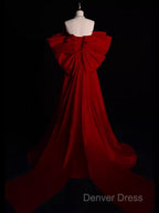 Modest A Line Strapless Long Short Sleeves Satin Red Prom Dresses