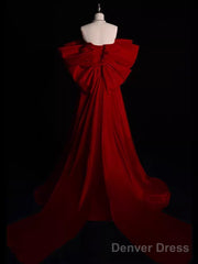 Modest A Line Strapless Long Short Sleeves Satin Red Prom Dresses
