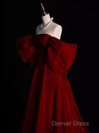 Modest A Line Strapless Long Short Sleeves Satin Red Prom Dresses