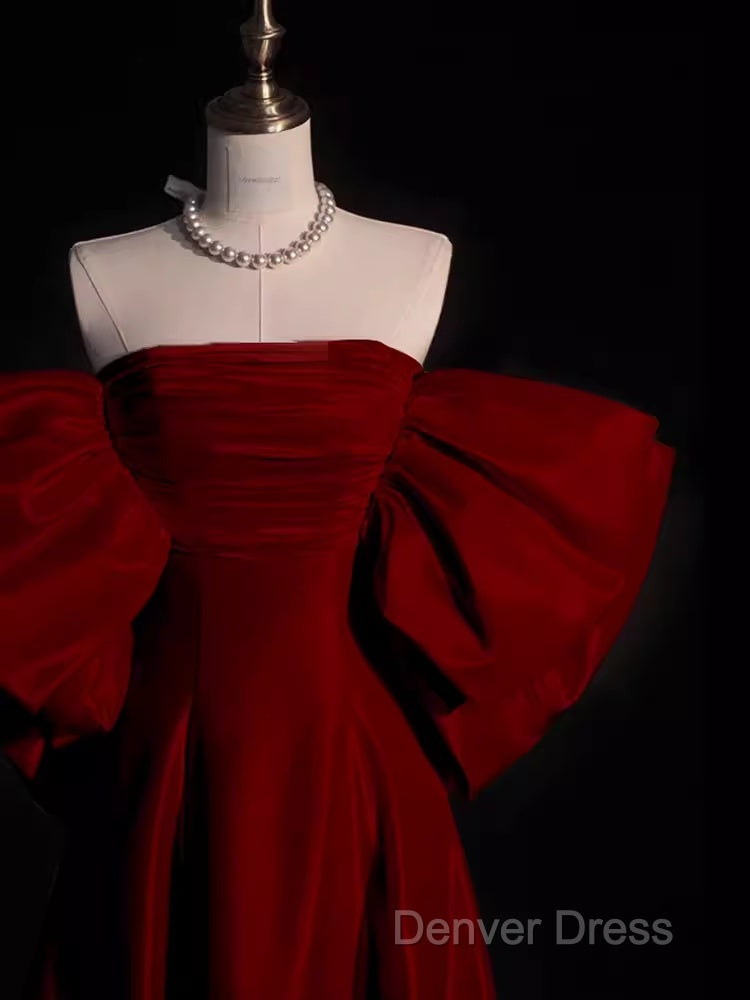 Modest A Line Strapless Long Short Sleeves Satin Red Prom Dresses