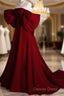 Modest A Line Strapless Long Short Sleeves Satin Red Prom Dresses