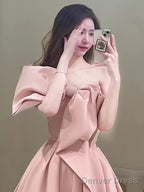 Modest A Line Strapless Long Sleeveless Satin Pink Prom Dresses