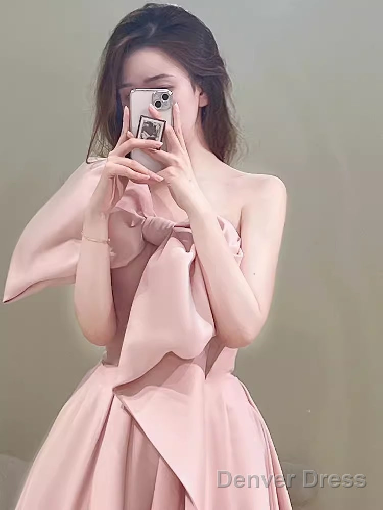 Modest A Line Strapless Long Sleeveless Satin Pink Prom Dresses