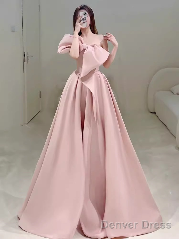 Modest A Line Strapless Long Sleeveless Satin Pink Prom Dresses Main image