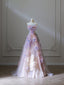 Modest A Line Strapless Pink Lace Tulle Flowers Prom Dress