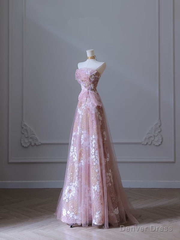 Modest A Line Strapless Pink Tulle Flowers Prom Dress Secondary image
