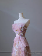 Modest A Line Strapless Pink Tulle Flowers Prom Dress
