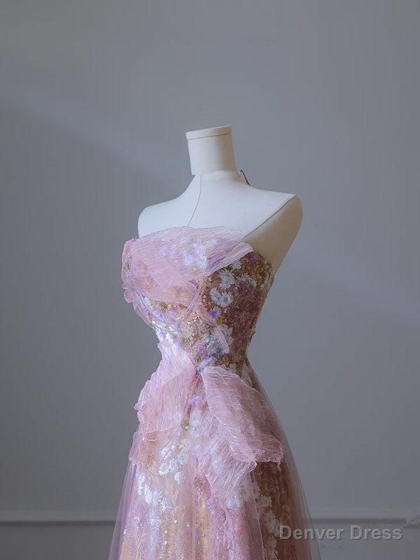 Modest A Line Strapless Pink Tulle Flowers Prom Dress