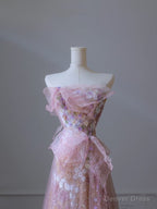 Modest A Line Strapless Pink Tulle Flowers Prom Dress