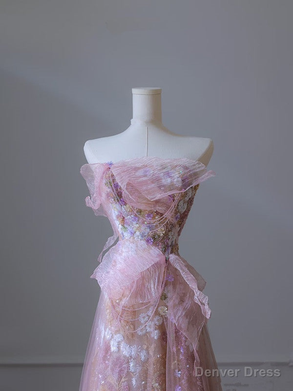 Modest A Line Strapless Pink Tulle Flowers Prom Dress