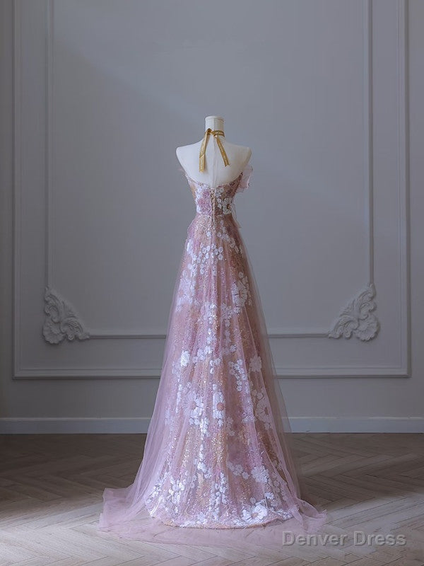 Modest A Line Strapless Pink Tulle Flowers Prom Dress