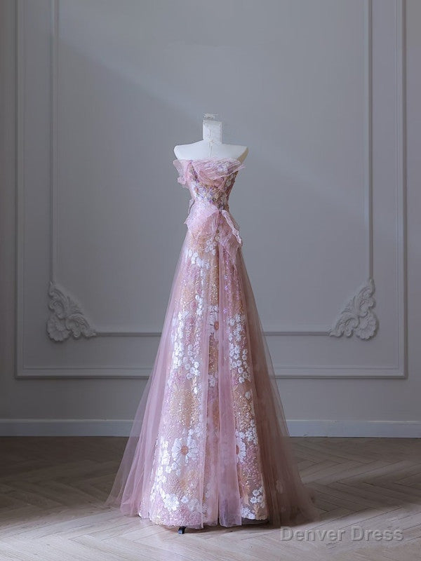 Modest A Line Strapless Pink Tulle Flowers Prom Dress Main image