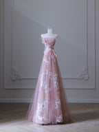 Modest A Line Strapless Pink Tulle Flowers Prom Dress