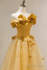 Modest A Line Strapless Yellow Tulle Long Prom Dress Party Dress