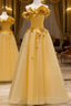 Modest A Line Strapless Yellow Tulle Long Prom Dresses Party Dresses