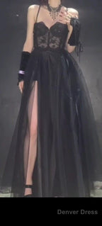 Modest A Line Straps Black Lace Prom Dresses