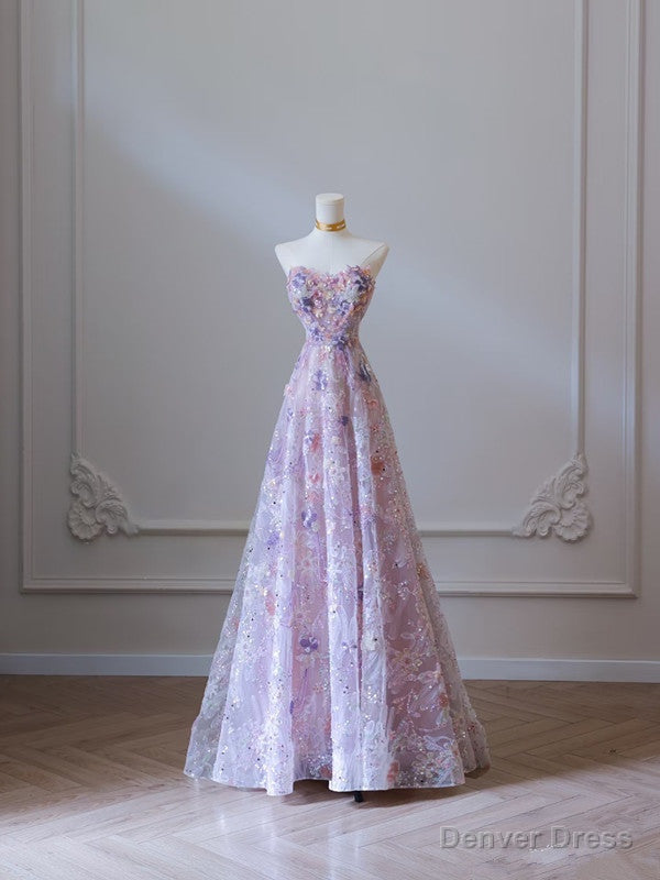 Modest A Line Sweetheart Lilac Tulle Sequin Flowers Prom Dress Main image