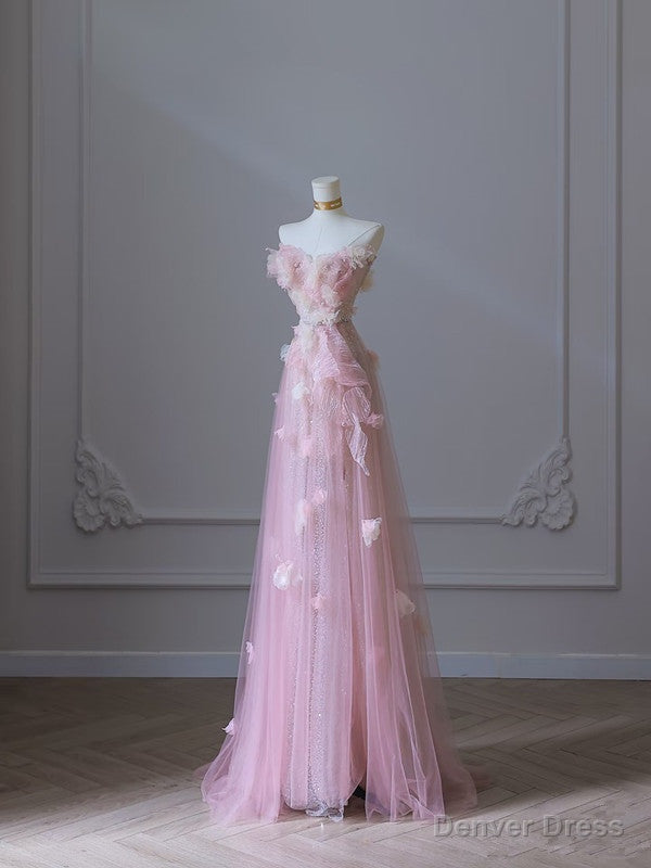 Modest A Line Sweetheart Pink Tulle Sequin Flowers Prom Dress Secondary image