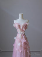 Modest A Line Sweetheart Pink Tulle Sequin Flowers Prom Dress