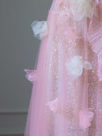 Modest A Line Sweetheart Pink Tulle Sequin Flowers Prom Dress